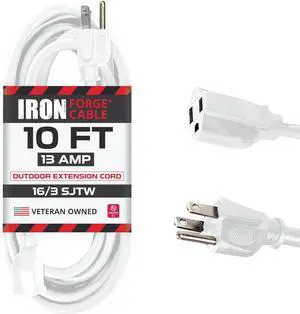 Iron Forge Cable Weatherproof 10 Ft Outdoor Extension Cord - 16/3 SJTW Heavy Duty White Extension Cord 3 Prong - 13 Amp Exterior Power Cable