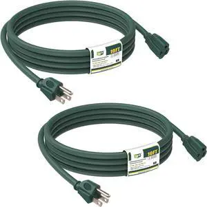 EP 2 Pack 10FT Green Outdoor Extension Cord, 16/3 SJTW Heavy Duty Waterproof, 3 Prong Grounded Plug, 13A 1625W 16AWG, Cold-Resistant Flexible Power Cable for Garden, Home, Christmas Lights, UL Listed