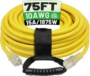 75 Ft 10/3 Outdoor Extension Cord Waterproof Heavy Duty 10 Gauge 3 Prong, Flexible Cold-Resistant Long Power Cord Outside with Lighted Indicator End, 15Amp 1875W SJTW Yellow ETL Listed 75 Ft 10/3 Outdoor Extension Cord Waterproof Heavy Duty 10 Gauge 3 Prong, Flexible Cold-Resistant Long Power Cord Outside with Lighted Indicator End, 15Amp 1875W SJTW Yellow ETL Listed