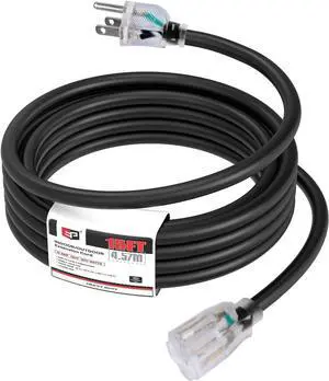 EP 15Ft 14/3 Lighted Outdoor Extension Cord - 14 Gauge 3 Prong SJTW Heavy Duty Black Extension Cable with 3 Prong Grounded Plug for Safety,Great for Garden and Major Appliances,UL Listed