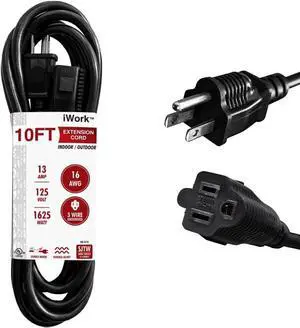 10ft Black Extension Cord, 16/3 SJTW Heavy-Duty, 10' Cable 3-Prong Grounded Plug, Weather-Resistant Power Strip, UL Listed, 13 Amp/1625 Watt Capacity, 10-Foot Extension Cords for Indoor/Outdoor