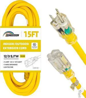 Indoor Outdoor Extension Cord Weatherproof with Lighted End, UL Listed, 12 Gauge 15FT Yellow 3 Prong Heavy Duty, 12/3 SJTW 15A Power Cord for Outdoor Lights, Lawn