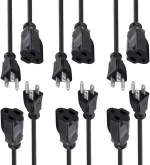 Monoprice 3-Prong Extension Cord - 6 Feet - Black (6 Pack) NEMA 5-15P to NEMA 5-15R, 16AWG, 13A