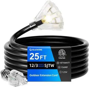 25 FT Outdoor Extension Cord with Multiple Outlets, 12 Gauge Heavy Duty Black Waterproof 3 Outlet, Prong Power for Garden and Home Use Indicator Light, ETL Listed