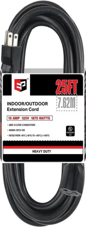 EP 25 Ft Outdoor Extension Cord - 12/3 SJTW Heavy Duty Black Extension Cable with 3 Prong Grounded Plug - Power Cord for Lawn, Garden, Appliances
