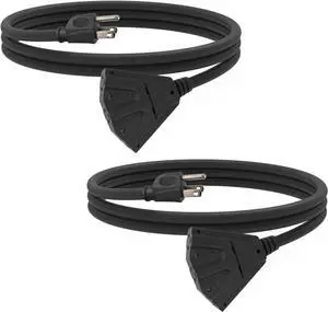 2 Pack 6 Ft Outdoor Extension Cord with 3 Electrical Power Outlets - 16/3 SJTW Black Cable with 3 Prong Grounded Plug