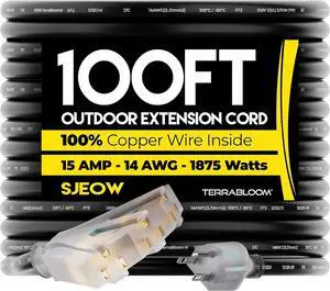 TerraBloom 14/3 Heavy Duty Extension Cord 100 FT Outdoor - Black Outdoor Extension Cord Multiple Outlet - Ultra-Flexible SJEOW Rubber, Light Indicator, Triple Outlet for Maximum Efficiency - 15 Amp