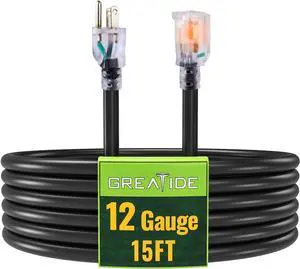 Outdoor Extension Cord with Lighted End, 12 Gauge Heavy Duty 15 FT, 3 Prong Grounded 15 Amp Extension Cord, 12/3 SJTW Waterproof Power Cord for Appliance, UL Listed, Black