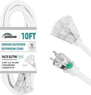 3-Outlets Indoor Outdoor Extension Cord Weatherproof with Lighted End, UL Listed, 14 Gauge 10FT White 3 Prong Heavy Duty, 14/3 SJTW 15A Power Cord
