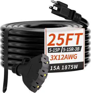 25 FT 12/3 Gauge Outdoor Extension Cord with Multiple Outlets, Flexible 3 Outlet Weatherproof Heavy Duty Extension Cord Waterproof Black, 15A 1875W 12AWG SJTW, ETL Listed