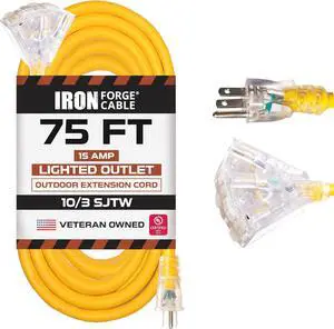 Iron Forge Cable 10 Gauge 75ft Lighted Outdoor Heavy Duty Extension Cord with 3 Outlets - 15 Amp 10/3 SJTW Yellow Extension Cord with Multiple Outlets