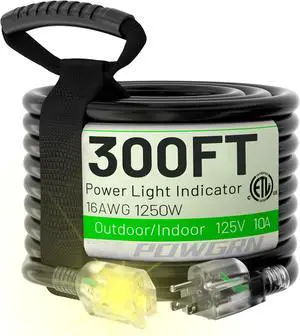 300 FT 16/3 Black Indoor Outdoor Extension Cord Waterproof, 3 Prong Flexblie SJTW Cold Weatherproof -50°C Appliance Extension Cord 10 AMP 1250W 16AWG Heavy Duty Electric Cable, ETL Listed