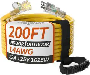 14/3 Gauge Yellow Outdoor Extension Cord 200 ft Waterproof with Lighted Indicator, Cold Weatherproof -40°C, Flexible 3 Prong Extension Cord Outside,13A 1625W 14AWG SJTW, ETL Listed