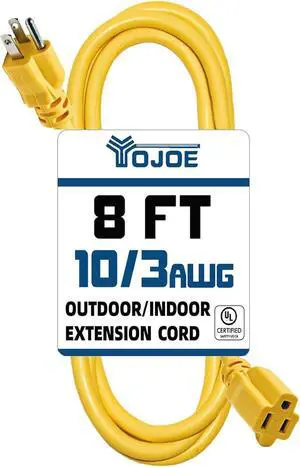 YOJOE Indoor Outdoor Extension Cord, 3 Prong 15A Weatherproof Power Cord, 10 Gauge Heavy Duty 8 ft Yellow Extension Cord for Garage, Garden and Home, 10/3 SJTW UL Listed