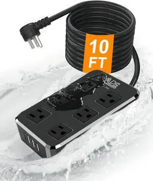 Outdoor Power Strip Weatherproof, Waterproof Surge Protector with 6 Wide Outlet with 3 USB Ports, 10FT Extension Cord,1875W Overload Protection,Outlet Extender for Christmas Lights ETL Listed Black