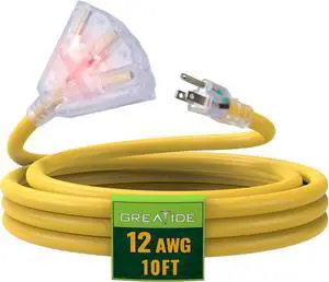10 Ft Lighted Outdoor Extension Cord with 3 Electrical Power Outlets - 12/3 SJTW Heavy Duty Yellow Extension Cable with 3 Prong Grounded Plug for Safety, UL Listed