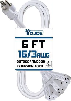 YOJOE 3-Outlets Indoor Outdoor Extension Cord, 3 Prong 13A Weatherproof Power Cord Multiple Outlets, 16 Gauge Heavy Duty 6 ft White Extension Cord for Garage, Garden, 16/3 SJTW UL Listed