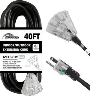 3-Outlets Indoor Outdoor Extension Cord Weatherproof with Lighted End, UL Listed, 12 Gauge 40FT Black 3 Prong Heavy Duty, 12/3 SJTW 15A Power Cord
