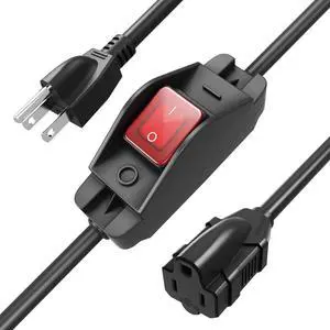 3FT Extension Cord with Waterproof Switch, 14AWG 1875W Black Outdoor Heavy Duty 3 Prong Extension Cable, 14/3 SJTW Extension Cords Control Switch ON/Off 15A 125V Grounded Plug Receptacle, UL Listed