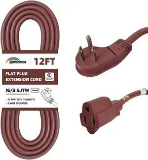 Flat Plug Indoor Extension Cord, UL Listed, 16 Gauge 12FT Brown 3 Prong Heavy Duty, 16/3 SJTW 13A Power Cord for Lights, Appliances, Home