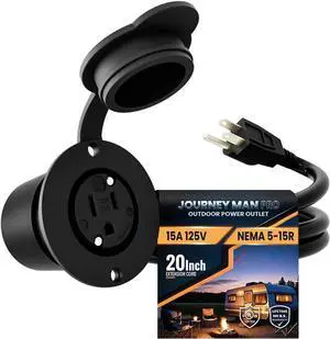 15A Weatherproof Outdoor Power Outlet by Journeyman-Pro 15 Amp 125 Volt NEMA 5-15R Receptacle Kit with Integrated 20" Inch Extension Cord + Waterproof Rubber Cover (GCR1-BLACK)