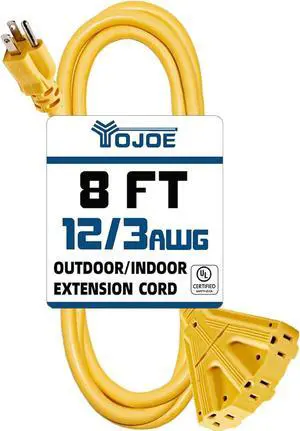 YOJOE 3-Outlets Indoor Outdoor Extension Cord, 3 Prong 15A Weatherproof Power Cord Multiple Outlets, 12 Gauge Heavy Duty 8 ft Yellow Extension Cord for Garage, Garden, 12/3 SJTW UL Listed