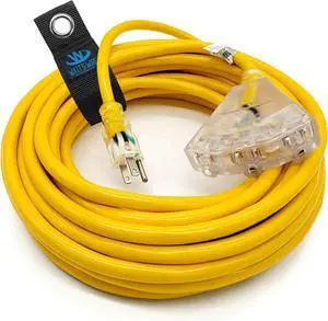 50 ft Heavy Duty Extension Cord - 12 Gauge Outdoor Extension_Cord - Lighted Mulitiple Outlets with Storage Strap by Watt's Wire - 50' 12-Gauge Grounded 15 Amp Cord - extensiones electricas