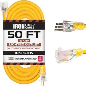 Iron Forge Cable Outdoor Extension Cord 50 Ft - 10 Gauge Heavy Duty Extension Cord, 15 AMP, 10/3 Yellow Power Cable SJTW Weatherproof with 3 Prong