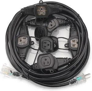 25FT 14 Gauge 3 Prong Extension Cord,6 Socket Evenly-Spaced,Nema5-15P/Nema5-15R Male to Female Connector,Stage Back Lines Power Board,Multiple Cable for Party and Christmas Decoration ETL listed