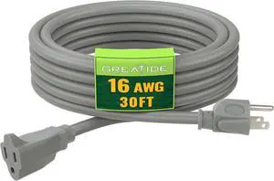 Indoor Outdoor Extension Cord 30 FT, 16/3 SJTW Weatherproof Grey Electrical Cords, 13 AMP Heavy Duty 3 Prong Power Cable Great for Garden, Landscaping & Holiday Decorations