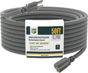 EP 50 Ft Outdoor Extension Cord, 12/3 SJTW Heavy Duty Extension Cable with 3 Prong Grounded Plug, 15 AMP Power Cord for Lawn, Garden, Appliances, Gray