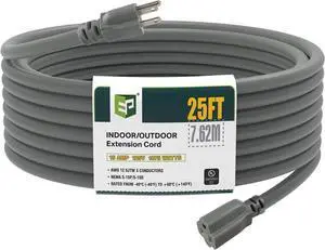 EP 25 Ft Outdoor Extension Cord, 12/3 SJTW Heavy Duty Extension Cable with 3 Prong Grounded Plug, 15 AMP Power Cord for Lawn, Garden, Appliances, Gray