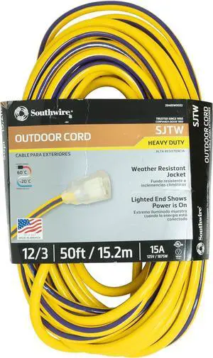 Southwire Heavy Duty Extension Cord, 50Ft, 12 Gauge, 3 Conductor, Neon Purpose Extension Cord, SJTW, Yellow and Purple, 2548SW0022