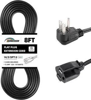 Flat Plug Extension Cord, UL Listed, Indoor Extension Cord 14 Gauge 8FT Black, 14/3 SPT-3 15A 3 Prong Grounded Power Cord for Home, Office