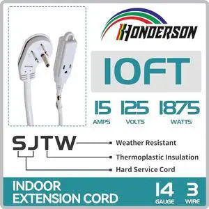 3-Outlets Flat Plug Indoor Extension Cord Outlet Extender, UL Listed, 14 Gauge 12FT White 3 Prong Heavy Duty, 14/3 SJTW 15A Power Strip