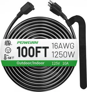 100 FT 16/3 Black Indoor Outdoor Extension Cord Waterproof, 3 Prong Flexblie SJTW Cold Weatherproof -50°C Appliance Extension Cord 10 AMP 1250W 16AWG Heavy Duty Electric Cable, ETL Listed