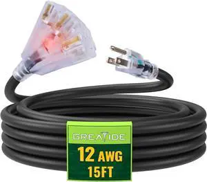 15 Ft Lighted Outdoor Extension Cord with 3 Electrical Power Outlets - 12/3 SJTW Heavy Duty Black Extension Cable with 3 Prong Grounded Plug for Safety, UL Listed