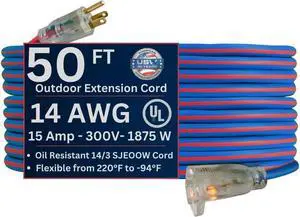 14/3 Gauge x 50-Foot Extreme Cold Weather Extension Cord  Heavy-Duty, 221°F to - 94°F Rating, Lighted Plug, Blue and Red, SJEOOW, Weather-Resistant, Ideal for Outdoor & Indoor Use