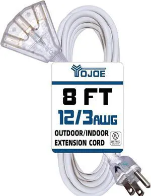 YOJOE 3-Outlets Indoor Outdoor Extension Cord with Lighted End, 3 Prong 15A Weatherproof Power Cord, 12 Gauge Heavy Duty 8 ft White Extension Cord Multiple Outlets, 12/3 SJTW UL Listed