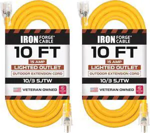 Iron Forge Cable Outdoor Extension Cord 10 Ft, 2 Packs - 10 Gauge Heavy Duty Extension Cord, 15 AMP, 10/3 Yellow Cable SJTW Weatherproof with 3 Prong