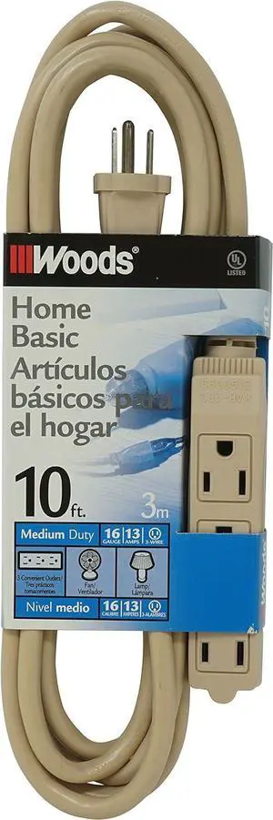 Woods Light Duty Extension Cord, 10Ft, 16 Gauge, 3 Conductor, 3 Outlet Cord, SJTW, Beige, 2865