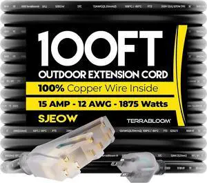 TerraBloom 12/3 Heavy Duty Extension Cord 100 FT Outdoor - Black Outdoor Extension Cord Multiple Outlet - Ultra-Flexible SJEOW Rubber, Light Indicator, Triple Outlet for Maximum Efficiency - 15 Amp