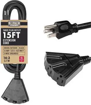 15FT Outdoor Extension Cord with Power Block - 16/3 Black SJTW - Cable with 3 Prong Grounded Safety Lighted Plug