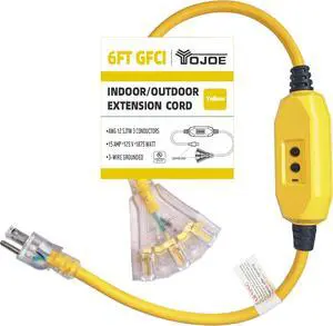 YOJOE 6 Foot GFCI Yellow Extension Cord,Lighted Outdoor 12/3 Cord with 3 Power Outlets,12 Gauge 3 Prong SJTW Heavy Duty Extension Cable with 3 Prong Grounded Plug for Safety,UL Listed