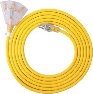 EP 50 Ft Lighted Outdoor Extension Cord with 3 Electrical Power Outlets - 14/3 SJTW Heavy Duty Yellow Extension Cable with 3 Prong Grounded Plug - Power Cord for Lawn, Garden, Appliances