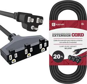 Extension Cord Outdoor Multiple Plugs - 20 Ft Black Extension Outdoor Power Strip, 16/3 SJTW Waterproof Power Cable Indoor/Outdoor Multi Plug Outlet, ETL Listed