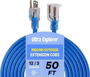 Outdoor Extension Cord Waterproof 50 FT, 12 Gauge Heavy Duty Blue Extension Cord SJTW, Flexible Cold-Resistant 3 Prong Grounded Power Cord for Lawn, Garden, Appliance, UL Listed