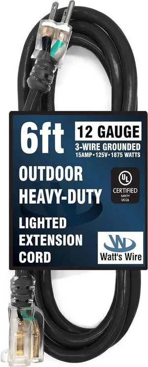 6 ft Heavy Duty Extension Cord - 12 Gauge Outdoor Extension_Cord - Lighted Single Outlet by Watt's Wire - 6' 12-Gauge Grounded 15 Amp Cord Splitter - extensiones electricas