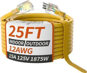 25ft 12/3 Gauge Outdoor Extension Cord Waterproof with Lighted Indicator, 12 Gauge SJTW Heavy Duty 15Amp 1875W, 3 Prong Cords Flexible Pure Copper Yellow ETL Listed