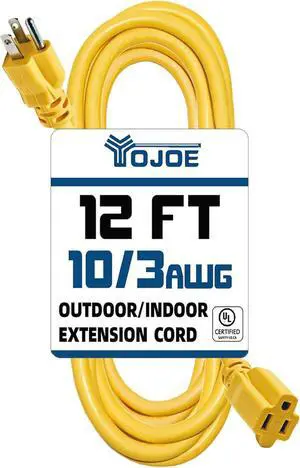 YOJOE Indoor Outdoor Extension Cord, 3 Prong 15A Weatherproof Power Cord, 10 Gauge Heavy Duty 12 ft Yellow Extension Cord for Garage, Garden and Home, 10/3 SJTW UL Listed